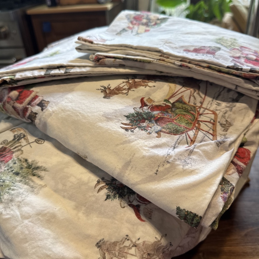 Discontinued Pottery Barn Nostalgic Queen Santa Sheets Complete Set